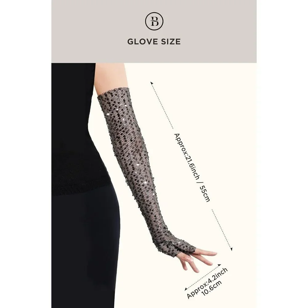 Women's Black  Long Fingerless Sequin Sparkling Glitter Gloves Tea Party